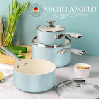 MICHELANGELO Sauce Pan with Lid, Non Stick Saucepan Set of 3-1Qt & 2Qt & 3Qt Small Pots for Cooking, Ceramic Saucepan - Non-Toxic, Scratch-Resistant, Oven Safe, Light Blue