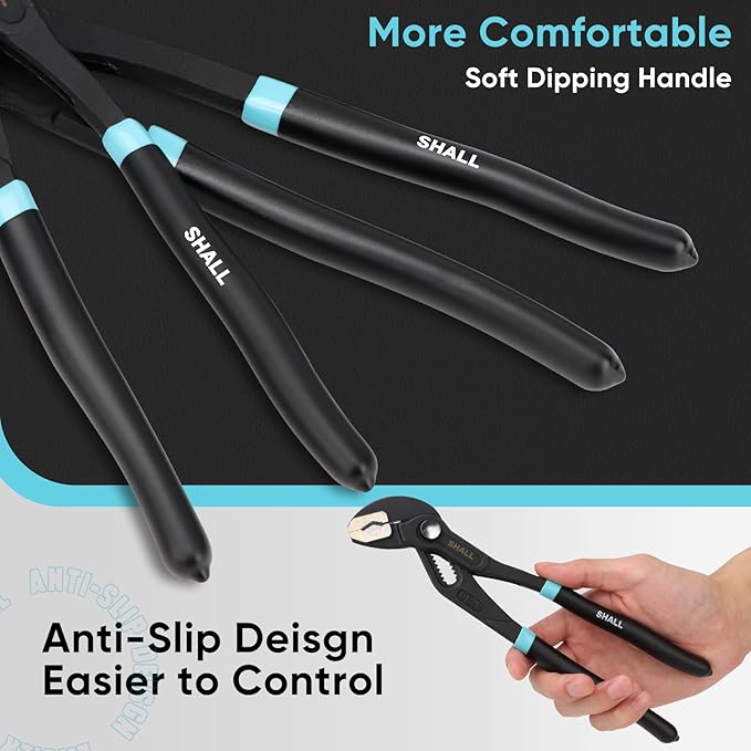 SHALL 3-Piece Groove Joint Pliers Set (12, 9-1/2, 7 Inch), Push-Lock Water Pump Pliers In Cr-v Steel, Fast Adjustable Tongue and Groove Pliers with Tool Roll Bag for Home Repair & Plumbing