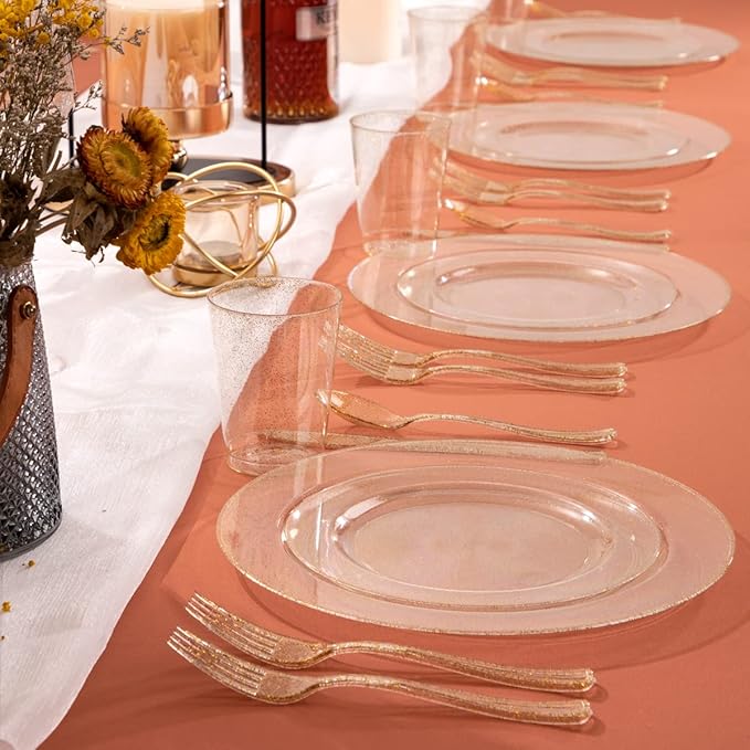 I00000 102PCS Gold Glitter Plastic Plates, Gold Glitter Disposable Plates Clear Plastic Party Plate Include 51 Dinner Plate 10.25" and 51 Dessert Plate 7.5" for Parties &Wedding