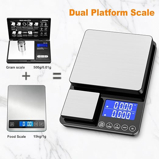KKZ 0.001oz/33lb Kitchen Scale, Dual Platform Food Scale Grams and Ounces for Weight Loss Baking Cooking Meal Prep Sourdough Bread, Stainless Steel