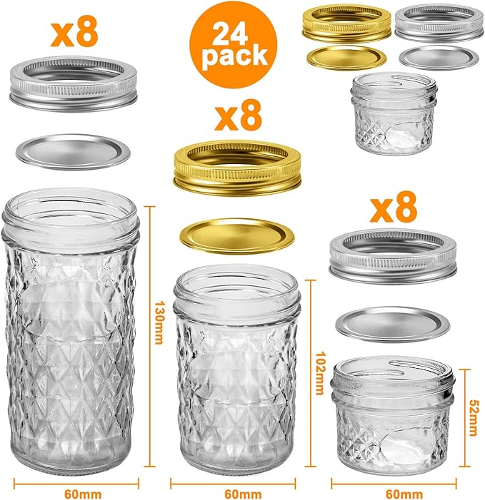 SPANLA Mason Jars, 24 Pack Canning Jars With Regular Lids, Ideal for Jam, Jelly, Honey, Wedding Favors, Shower Favors, DIY Glass Spice Jars - 4 OZ x 8, 8 OZ x 8, 12 OZ x 8 (4oz -8oz-12oz)