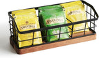 WILDMOS Tea Bag Organizer,Iron Wire Basket with Wooden Base.Tea Storage Containers with 3 Slots,Sugar Packet,Tea Bar Accessories for Countertop Cabinet Drawer.