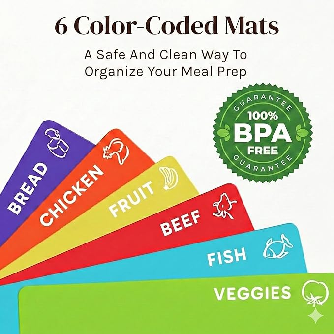 Cooler Kitchen Bamboo Cutting Board Set with 6 Color Coded Flexible Plastic Mats with Food Icons, Labeled Cutting Boards for Kitchen with Holder - BPA-Free Wooden, Dishwasher Safe, Large