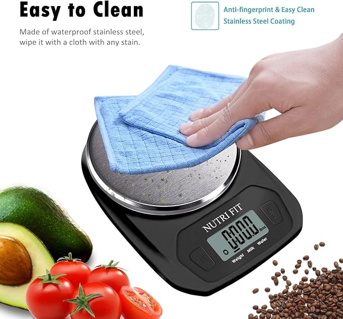NUTRI FIT Digital Food Scale Small Kitchen Scales Weight in Grams and OZ for Cooking Baking Weight Loss, Stainless Steel Tare & Backlit LCD Display, Black