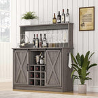 4ever2buy Farmhouse Coffee Bar Cabinet with Hutch and 6 Hooks, 47 Inch Wine Bar with Storage, Buffet Cabinet with Adjustable Shelves&9 Wine Racks, Kitchen Buffet Cabinet for Dining Living Room, Grey