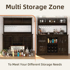 4ever2buy Farmhouse Coffee Bar Cabinet with Storage, 47” Wine Bar with Sliding Barn Doors and 3 Storage Hutch, Hutch Cabinet with 6 Hooks & 9 Wine Racks for Dining Room, Kitchen, Dark Oak