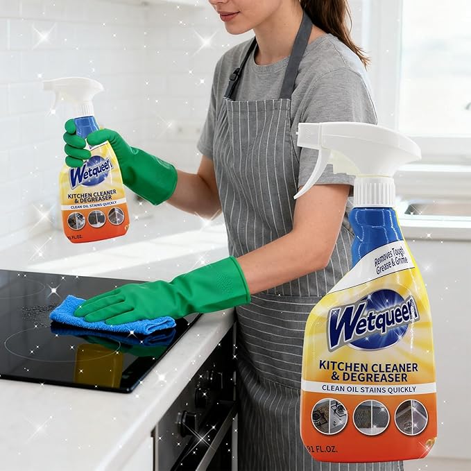 WETQUEEN All Purpose Cleaner Spray, Powerful Kitchen Degreaser Foam Spray, Stubborn Stains Cleaner for Kitchen, Bathroom, Cooker, Countertops, Tiles, Dual-Spray Nozzle, Lemon Scent, 16.91 Fl Oz