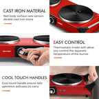 Hot Plate, Techwood 1800W Portable Electric Stove for Cooking Countertop Dual Burner with Adjustable Temperature & Stay Cool Handles, 7.5” Cooktop for Home/RV/Camp, Compatible for All Cookware, Red