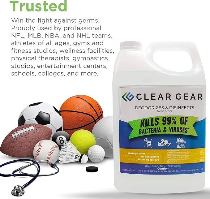 Clear Gear Gym Disinfectant Mat Cleaner, and Gym Equipment Deodorizer for Sports Equipment and Fitness Centers - EPA-Registered, Hospital Grade Disinfectant, Made in USA - (4) 1 Gallon Bottles
