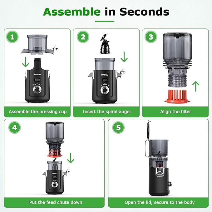 OMMO Cold Press Juicer Machines : 5.1" Wide Feed Chute Slow Masticating Juicer for Whole Fruits & Vegetables, Easy to Clean, High Juice Yield, BPA Free, Black