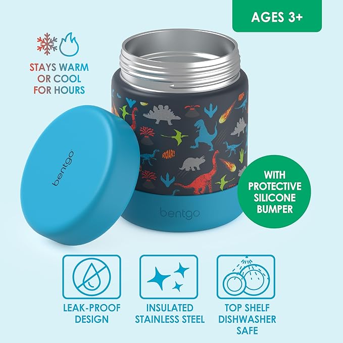 Bentgo Kids Stainless Steel Food Jar - 11oz Leak-Proof Double Insulated Hot or Cold Food Container with Removable Silicone Bumper, Dishwasher Safe, Easy Open Lid, Ages 3+ (Dinosaur)