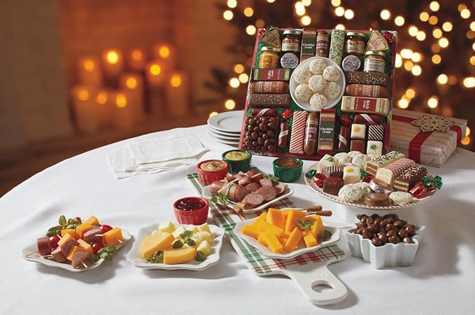 5 Red Gift Boxes - The Swiss Colony 27 Favorites Food Gift Set, Summer Sausage Meats and Cheeses, Assorted Chocolates, Candies, Petits Fours, Cheese & Charcuterie Board Gifts Basket Holiday Christmas