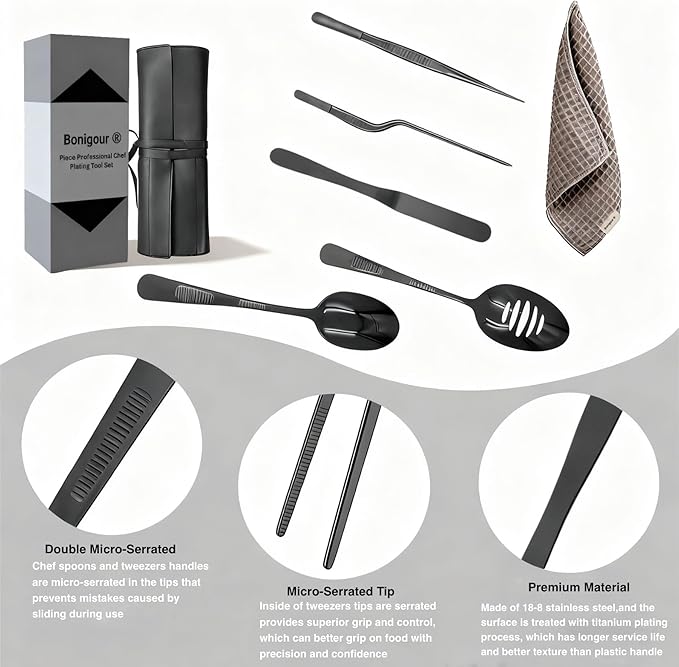 Plating Tool Culinary Set, 6 Piece Professional Chef Plating Tools Kit, Chef Plating Utensils, Spatula, Tweezers for Modernist Cuisine Food Art, Black, Cooking Utensils (Black)