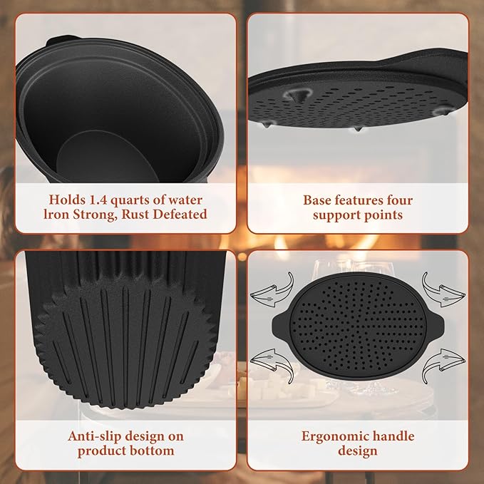 Wood Stove Humidifier + Garlic Roaster Steamer Set, Cast Iron Cookware for Fireplace, Camping, Kitchen - Pre-Seasoned, Heat-Resistant, Eco-Friendly