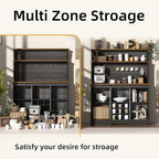 Farmhouse Coffee Bar Cabinet with 3 Tier Storage Hutch, 47'' Coffee Bar Station with Sliding Barn Door, Hutch Storage Cabinet with 9 Wine Racks & 9 Hooks for Kitchen Dining Living Room
