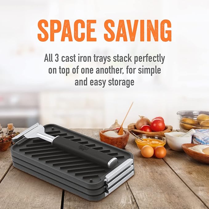 Yukon Glory SEAR 'N SERVE Cast Iron Grill Pan Set - Includes 3 Cast Iron Grilling Baskets & Clip-On Handle - Ideal for Stove Tops or Outdoor Grills