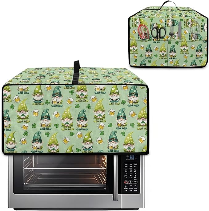 St. Patrick's Day Gnome Print Toaster Oven Cover, Clover Beer Pattern Anti Scratch Microwave Cover for Kitchen Countertop Appliance Dust Protector Decorative Oven Accessories, Green, L