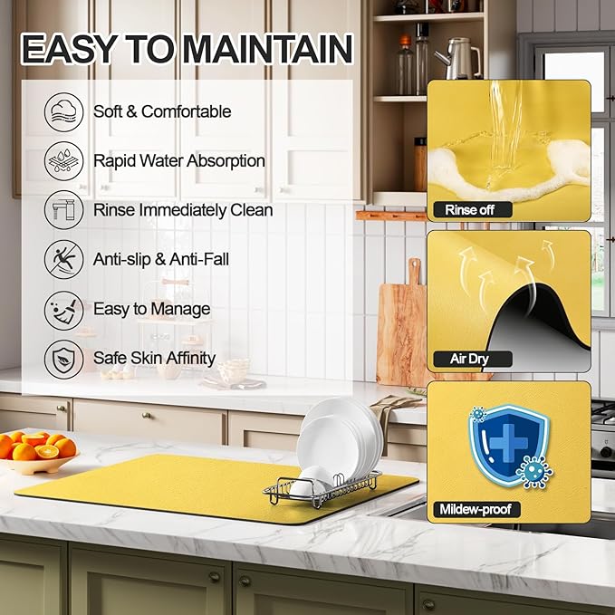 Ecotrim - Dish Drying Mat for Kitchen Counter | Coffee Bar Mat for Countertops | Heat Resistant Drainer Mat with Non-slip Rubber Backed | Hide Stain Kitchen Absorbent Draining Mat | Yellow 16"x20"