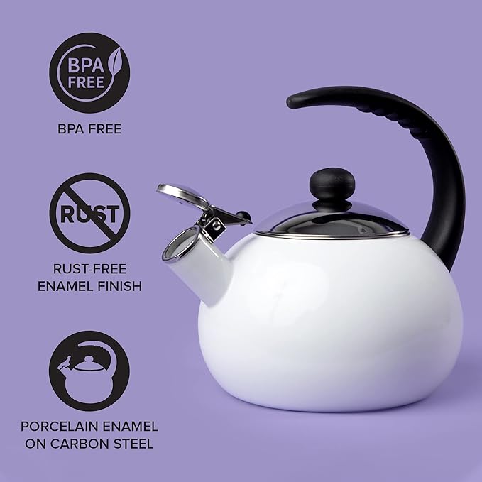 Farberware Luna Water Kettle, Whistling Tea Pot, Works For All Stovetops, Porcelain Enamel on Carbon Steel, BPA-Free, Rust-Proof, Stay Cool Handle, 2.5qt (10 Cups) Capacity (White)