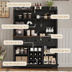 63 Inch Tall Coffee Bar Cabinet with 3-Tier, Kitchen Hutch with 3 Large Drawers, Farmhouse Coffee Bar with 9 Wine Racks & 3 Glass Holders, Wine Storage Cabinet for Living Dining Room, Black