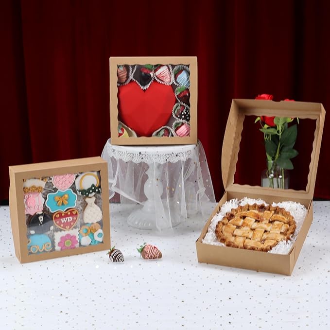 Brown Bakery Boxes with Window (36pcs, 9x9x2.5 Inch) for Christmas: Ideal for Pie, Cookies, Chocolate Covered Strawberries, Breakable Heart & Charcuterie