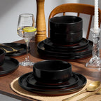 E-far 24-Piece Stoneware Plates and Bowls Sets, Dinnerware Sets for 8, Ceramic Dishware Dishes Set with Terracotta Base, Chip & Scratch Resistant, Microwave & Dishwasher Safe, Matte Black