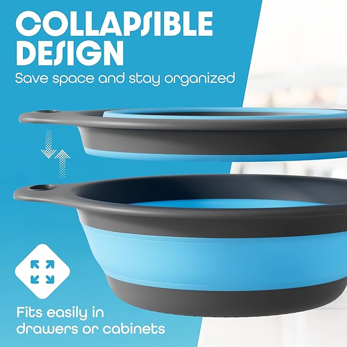Gevoli Strainer with Self-Draining Base (5QT) Over-Sink Collapsible Kitchen Colander Set with Side-drain Base for Pasta Vegetables and Fruit, XL Large Capacity, Dishwasher Safe (5-Quart) Blue/Gray