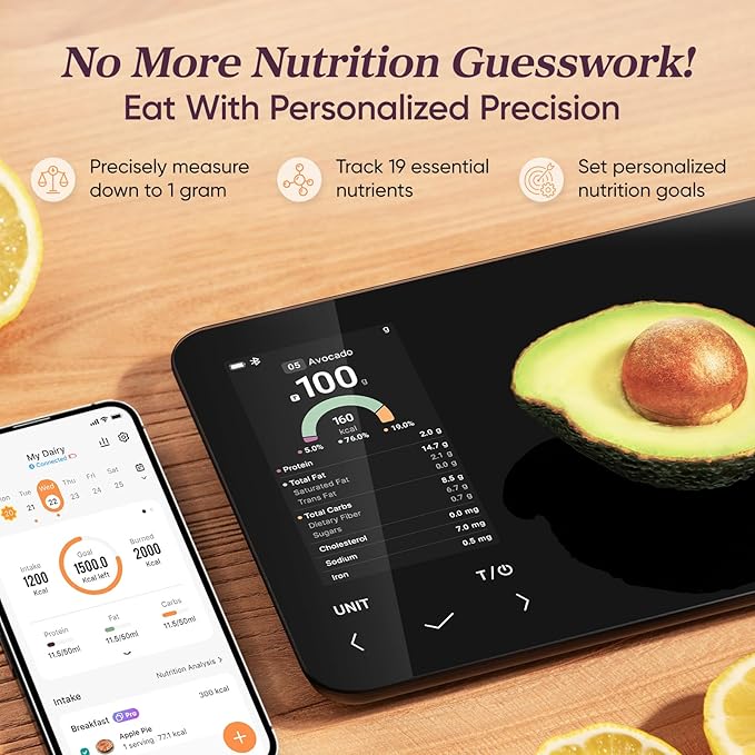Cosori Smart Food Kitchen Scale with Nutritional Calculator, Free App for AI Scan, Calorie & Macro Tracking, Food Preload, On-Screen Nutrient Info, Personal Goals, Rechargeable, 11 lb / 5 kg