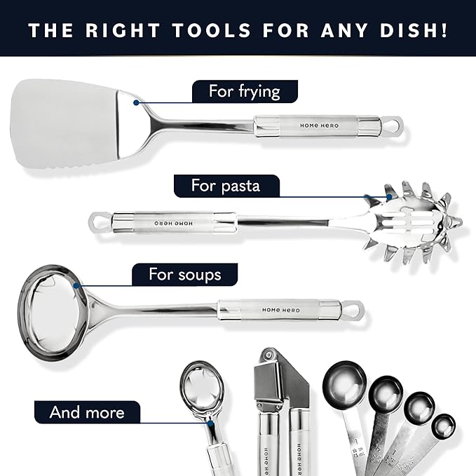 Home Hero 54-Piece Stainless Steel Kitchen Utensils Set - Heat-Resistant Nonstick Silicone & Stainless Steel Cooking Utensils - Complete Tools with Slotted Spoon & Pasta Spoon - Pack of 54, Silver