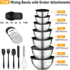 Unokit Mixing Bowls with Lids Set - 16 Pcs Stainless Steel Nesting Mixing Bowls with Grater Attachments, Mixing Bowl Set for Multi Mixing & Serving