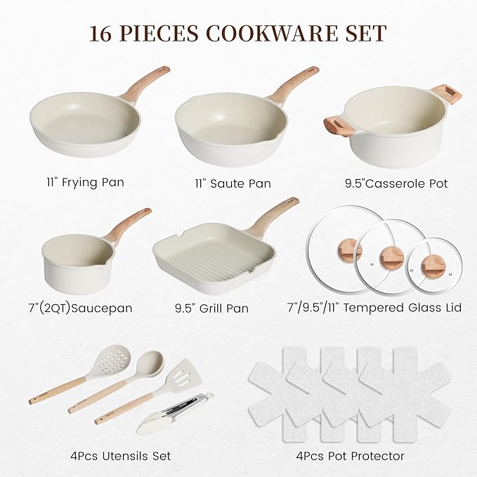 Kikcoin 16Pcs Ceramic Pots and Pans Set Non Stick, Includes a 9.5" Grill Pan, Induction Kitchen Cookware Sets, White Nonstick RV Kitchen Camping Cooking Sets Stackable (PTFE, PFOS, PFOA Free)