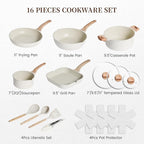 Kikcoin 16Pcs Ceramic Pots and Pans Set Non Stick, Includes a 9.5" Grill Pan, Induction Kitchen Cookware Sets, White Nonstick RV Kitchen Camping Cooking Sets Stackable (PTFE, PFOS, PFOA Free)