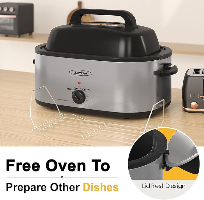Sunvivi 26lb 22-Quart Roaster Oven, Electric Roaster Oven with Viewing Lid, Turkey Roaster with Unique Defrost/Warm Function, Large Roaster with Removable Pan & Rack, Stainless Steel, Silver
