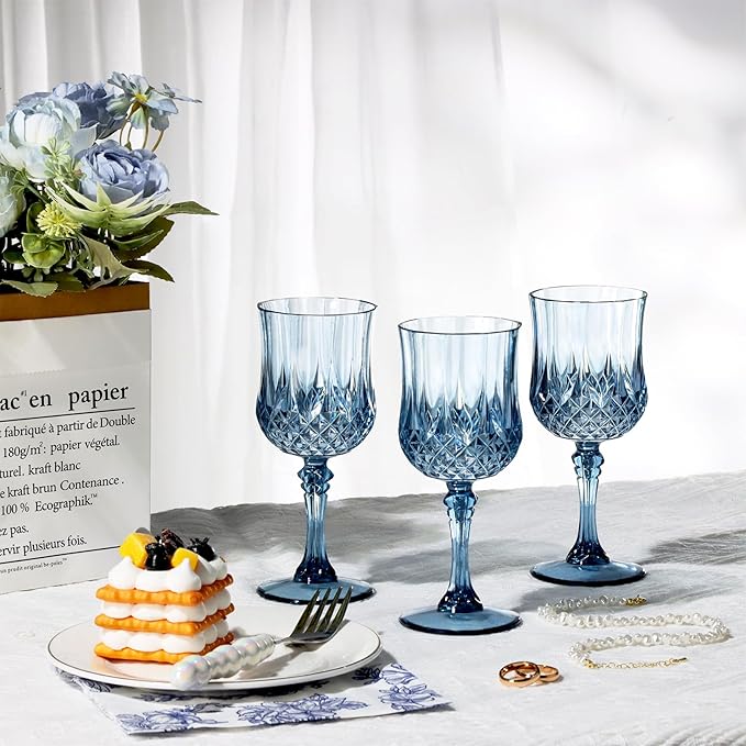 XUWAIDSGN 7oz Plastic Vintage Wine Glasses Drinking Glasses Unbreakable Wedding Glassware Crystal Water Goblets Reusable Drinkware Vintage Champagne Flutes (48, Blue)