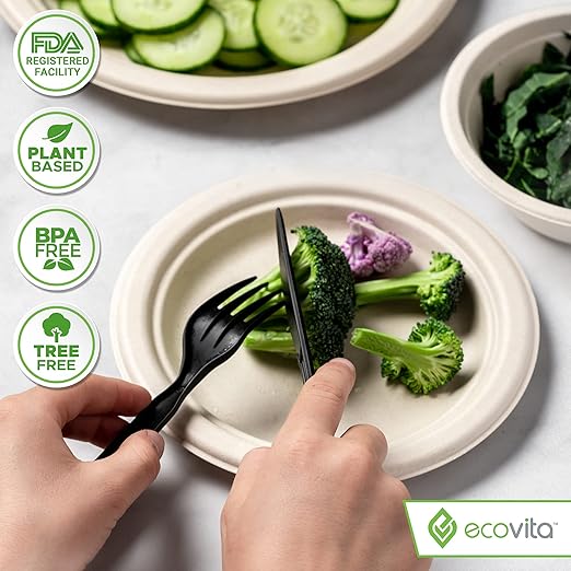 Ecovita 100% Compostable Forks Spoons Knives Cutlery Combo Set - 380 Large Disposable Utensils (7 in.) Eco Friendly Durable and Heat Resistant Alternative to Plastic Silverware with Convenient Tray