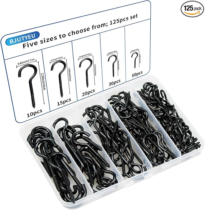 125 Pieces of Screw Cup Hook Set 5 Sizes Ceiling Small Hooks Wardrobe Decoration Hanging Accessories for Hanging Outdoor or Indoor use (0.98" 1.41" 1.57" 1.96" 2.36") (Black)