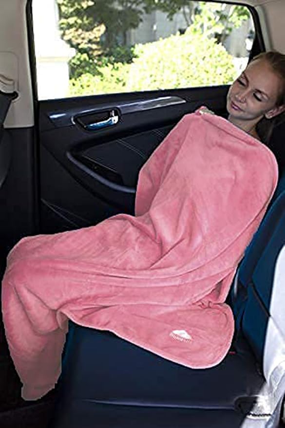 BlueHills Premium Soft Travel Blanket Pillow Airplane Blanket in Soft Bag case with Hand Luggage Belt and Carabiner Compact Pack Large Cozy Portable for Plane Car Train Transit Light Pink T020