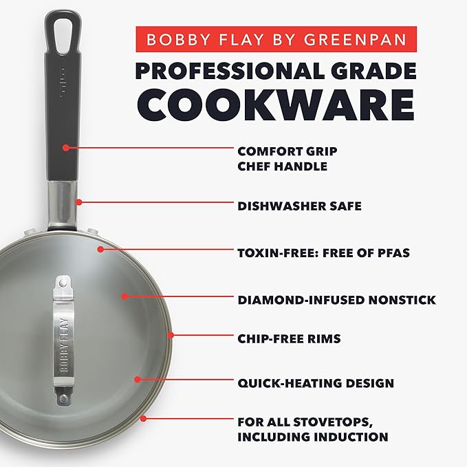GreenPan x Bobby Flay 1.67QT Nonstick Saucepan with Glass Lid, PFAS-Free Diamond Ceramic, Induction Suitable, Stay-Cool Silicone Handle, Easy Clean Dishwasher & Oven Safe, Chef Pan, Graphite