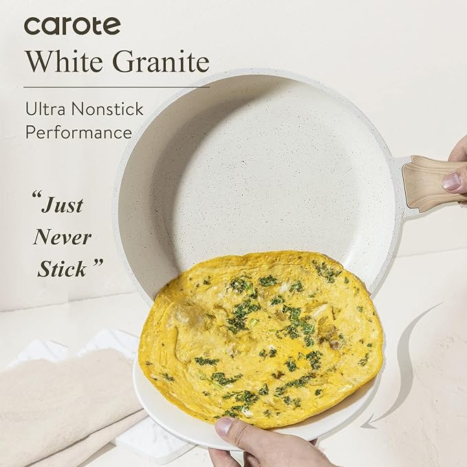 CAROTE Non Stick Frying Pan Skillet Set, Omelet Pan, Healthy Non Toxic Granite Chef Pan, Induction Compatible Egg Frying Pan with Heat-Resistant Handle, PFOA-Free,Cream White,8"+10"+12"