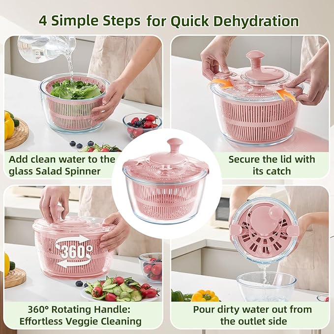 Good Grips Large 5.2 Qt Glass Salad Spinner Vegetable Dryer with Drain Dishwasher Safe with Transparent Lid Crank Handle Quick Spin Greens Washer for Lettuce Herbs Fruits Pink