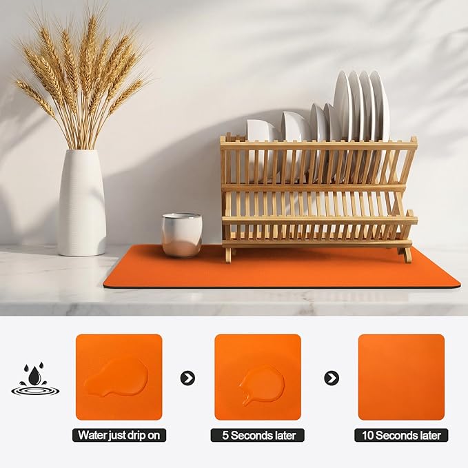 Ecotrim - Dish Drying Mat for Kitchen Counter | Coffee Bar Mat for Countertops | Heat Resistant Drainer Mat with Non-slip Rubber Backed | Hide Stain Kitchen Absorbent Draining Mat | Orange 16"x20"
