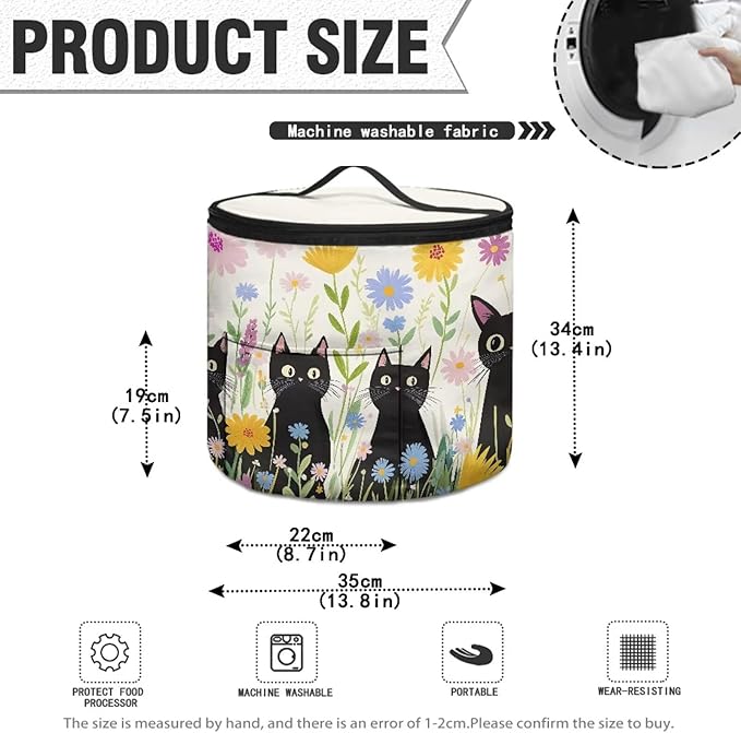 Black Cat Electric Pressure Cooker Storage Bag Wildflower Kitchen Appliance Protective Pressure Cooker Insulation Bag for Women