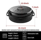 DIMESHY 18Inch Roasting Pan, Enamel on Steel, Black Covered Oval Roaster Pan with Lid, Large Cookware for Turkey, Small Chicken, Roast Baking Pan.