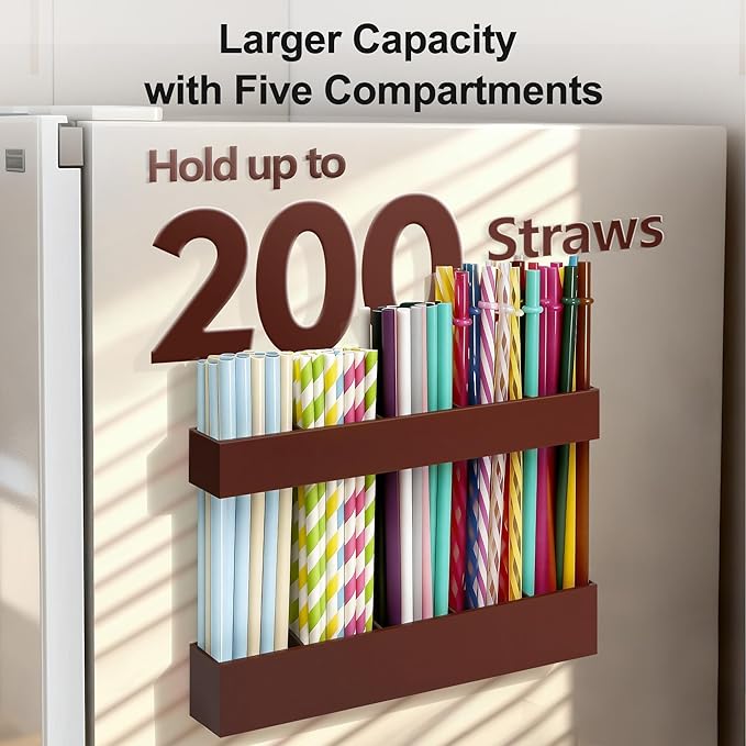 9.5” Large Acrylic Straw Holder for Cabinet Door, Reusable Adjustable Two-Part Straws Organizer with Ultra Sticky Adhesive Strips, 2026 Straw Storage for Kitchen Cupboard (Brown)