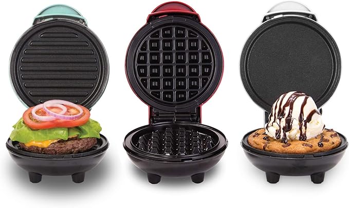 Dash Mini Maker Set - Customized Treat Maker - Supports Multi-Function Cooking - Easy Cleanup and User-Friendly Design - White, Aqua & Red - Waffle, Grill & Griddle Irons
