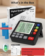 Digital Kitchen Timer for Cooking - 4 Channel Count Up Countdown Timer with Loud Alarm and Silent Mode, Large Display, Magnetic Back, Auto Memory for Classroom Study Gym, Battery Included (Black)