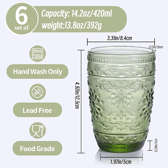 abrwyy 6Pcs 14OZ Drinking Glasses, Green Drinking Glasses, Colored Glassware Drinking, Highball Beverage Glasses Cup, Vintage Glassware Set for Water, Juice, Cocktail, Coffee