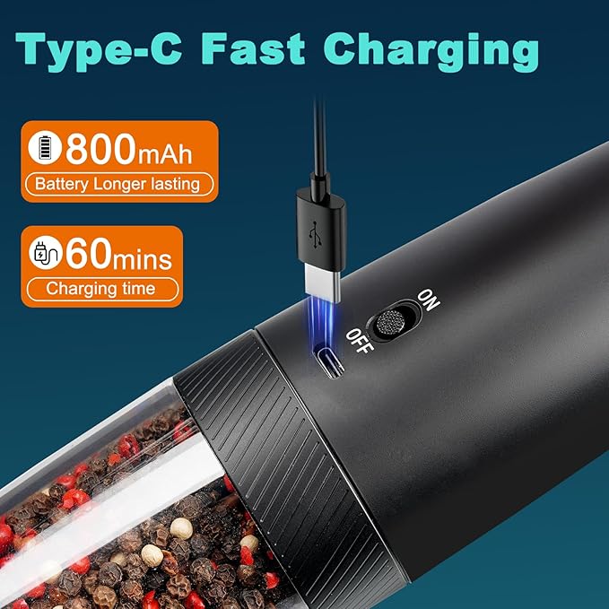 Salt and Pepper Grinder Set Rechargeable, Automatic Electric Pepper and Salt Mill Shaker with Adjustable Coarseness, LED Light, One-Hand Operation Gravity Spice Grinder Kitchen Gadgets, 2 PCS