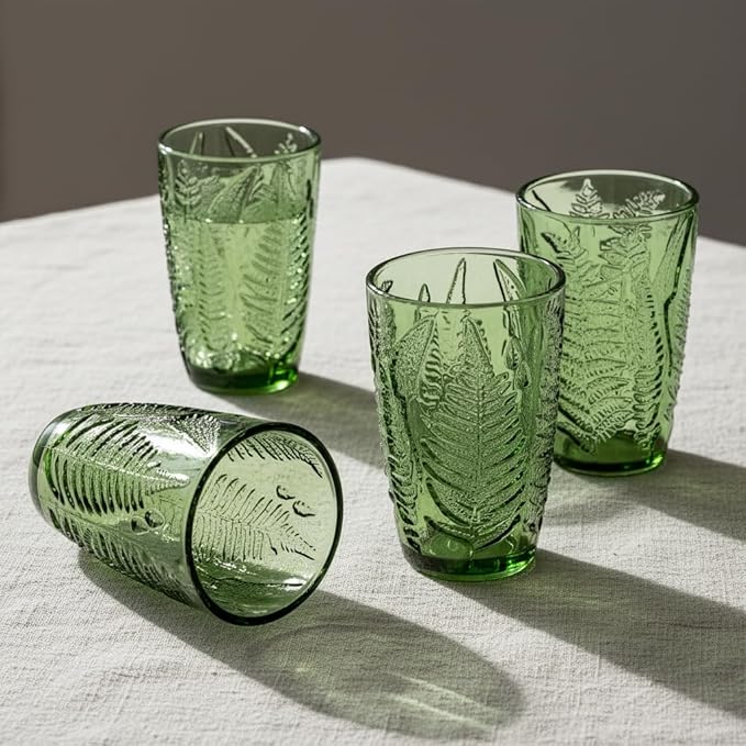 Green Drinking Glasses Set of 4, 12 oz Hand-Pressed Vintage Drinking Glasses, Deep Textured Antique Glassware, Fern Embossed Highball Tumblers, Colored Boho Glass Cups, Retro Style Drinkware Gift Set