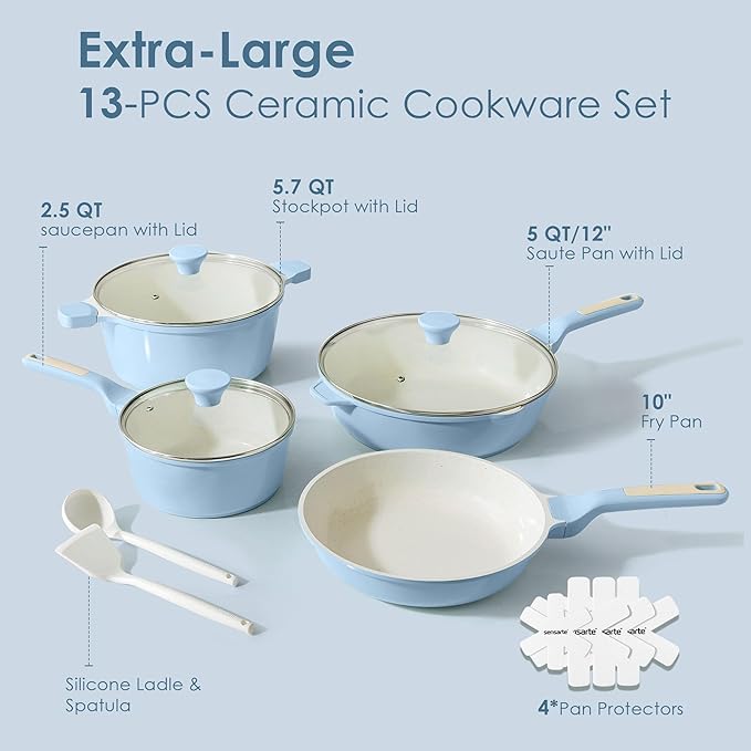 SENSARTE Nonstick Ceramic Cookware Set Large 13-Piece, Healthy Pots and Pans Set Dishwasher Safe, Non-toxic Kitchen Cooking Set with Stay-Cool Handles, Induction Compatible, PFAS Free, Blue